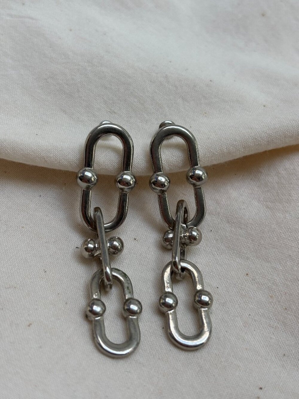 Looped Ball and Chain Silver Tone Pierced Earings